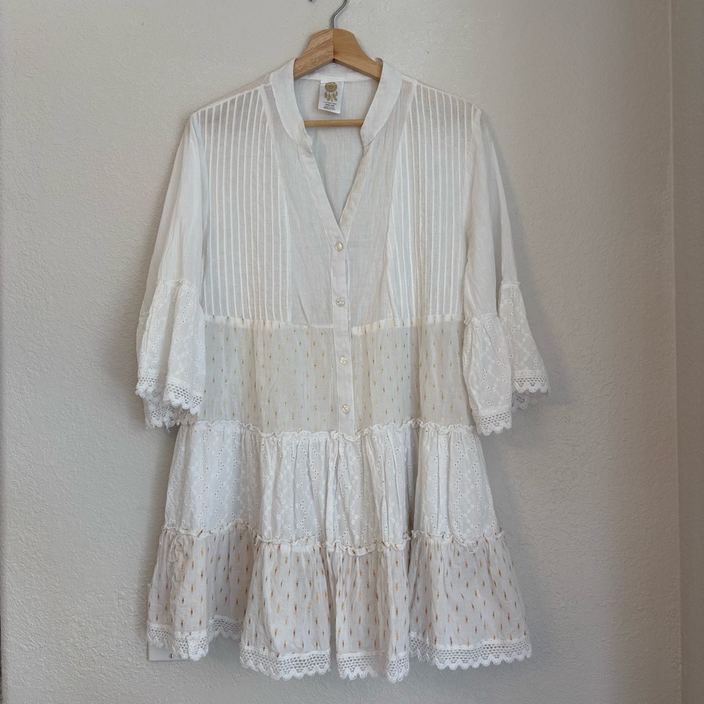 100% Cotton White Tiered Textured Dress - Feminine Beach Cover-up